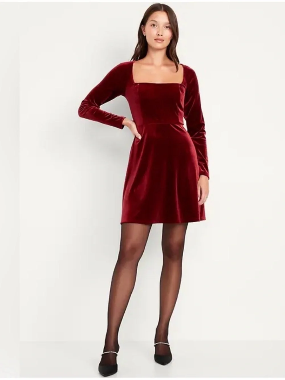 Old‎ Navy Red Velvet Mini Dress XL Fit Flare Square Neck Goth Whimsigoth